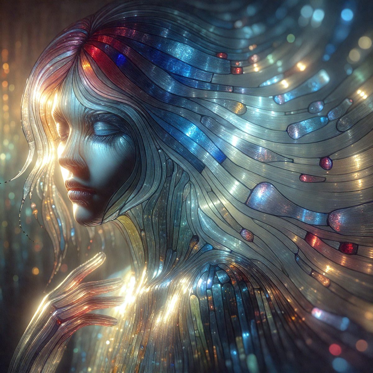 The primary subject of the image is a woman with long, flowing hair. She is the main focus of the image, and her features are prominently displayed. The setting is a brightly lit environment, possibly a studio or a stage, as the woman is the only subject in the frame. The visual style of the image is digital art, as it appears to be a computer-generated or digitally edited portrait. The colors and mood of the image are vibrant and lively, with the woman's hair and the